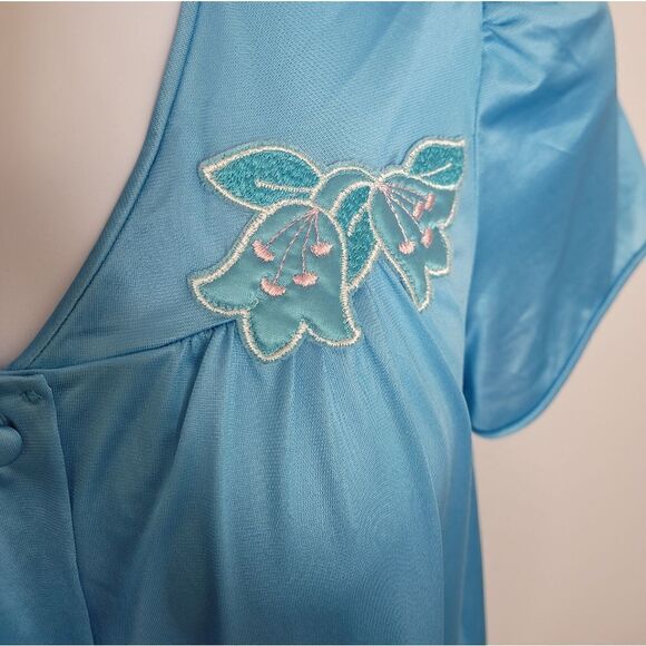 VINTAGE 80s pajama set teal embroidered floral short sleeve nylon lightweight L - Picture 3 of 9